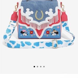 Loungefly Denim Minnie & Mickey Fringe Crossbody - Blue, Red, White